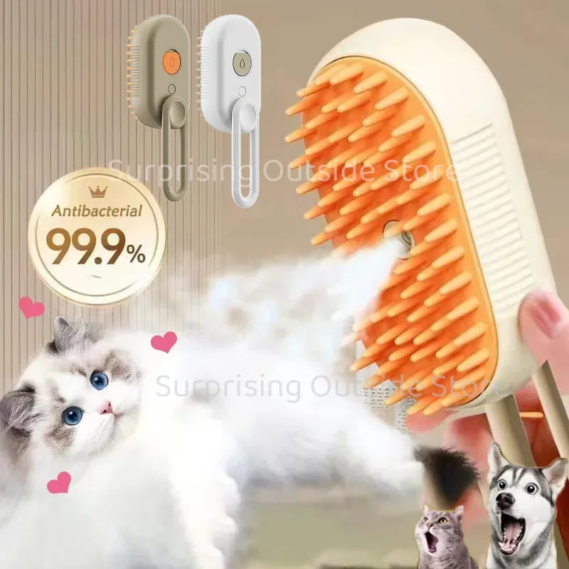 3-in-1 Pet Massage Brush with Steam Spray, Folding Rotatable Design for Effective Hair Removal and Bathing