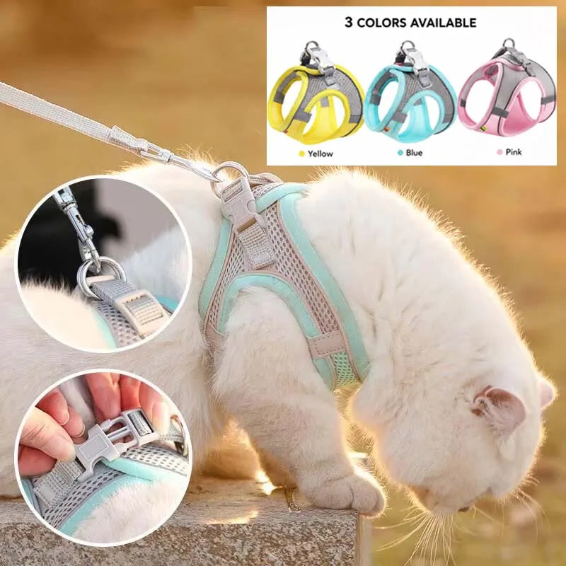 Adjustable Soft Mesh Pet Harness with Leash - Escape-Proof Reflective Walking Vest for Small to Medium Cats and Puppies