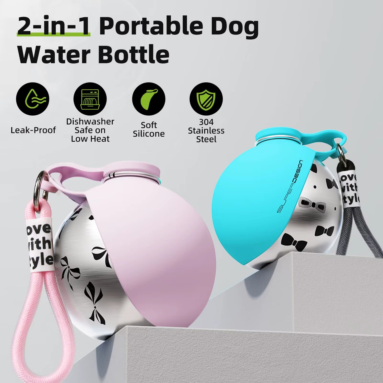 2-in-1 Portable Dog Water Bottle for Small Breeds - Leak-Proof and Compact Design - Stainless Steel and Silicone Construction